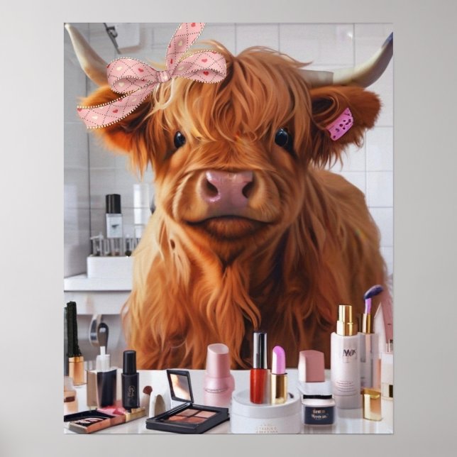Mini Highland Cow Pink Ribbon & Beauty Products Poster (Front)