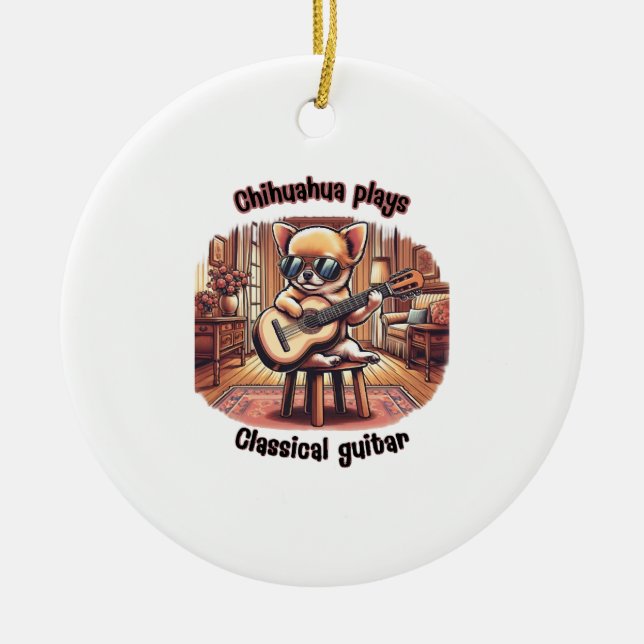 Mini Maestro Chihuahua Guitarist Ceramic Tree Decoration (Front)