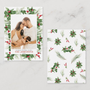 Mini Modern Photo Holly Berry Greenery Christmas Card