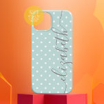 Mini Polka Dots with script grey name pastel teal Case-Mate iPhone 14 Case<br><div class="desc">A feminine and girly polkadot design with a name in a handwritten, calligraphy font. The name is a big signature up the side of the cover with a soft, tiny polka dot pattern in the background. You can change the colour by clicking on the customise area and choosing a different...</div>