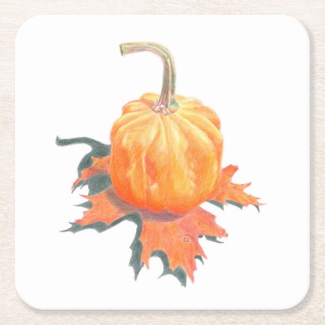 Mini Pumpkin on Oak Leaf Square Paper Coaster (Front)