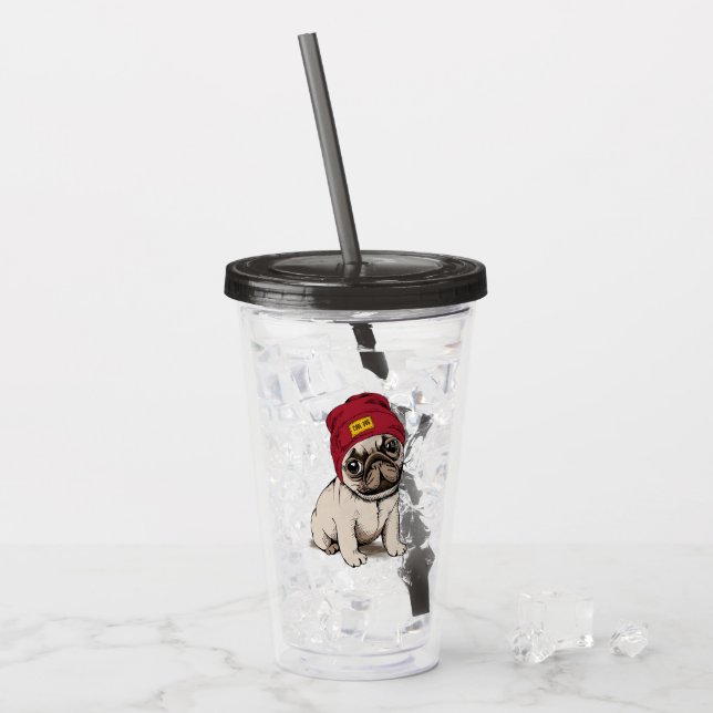 Mini Puppy Hipster Pug Acrylic Tumbler (Front Ice)