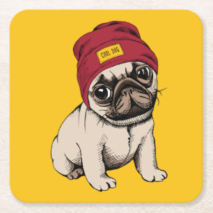 Mini Puppy Hipster Pug Square Paper Coaster