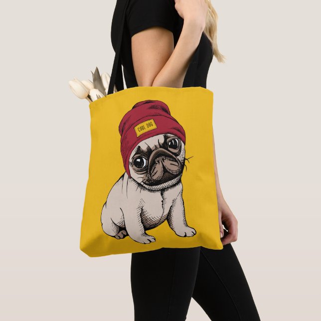 Mini Puppy Hipster Pug Tote Bag (Close Up)