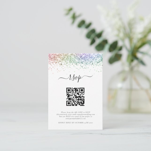 Mini Rainbow Glitter QR Code Wedding RSVP Enclosure Card (Standing Front)