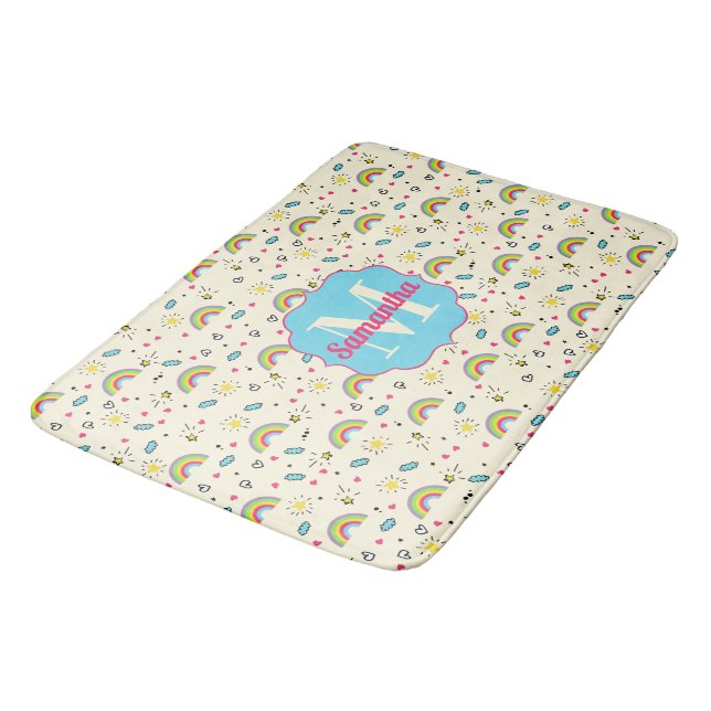 Mini Rainbow Toss on Yellow Retro Pattern Monogram Bath Mat (Angled)