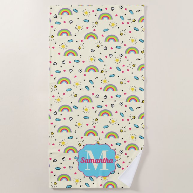 Mini Rainbow Toss on Yellow Retro Pattern Monogram Beach Towel (Front)