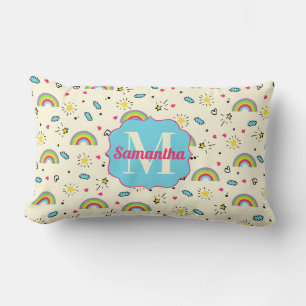 Mini Rainbow Toss on Yellow Retro Pattern Monogram Lumbar Cushion