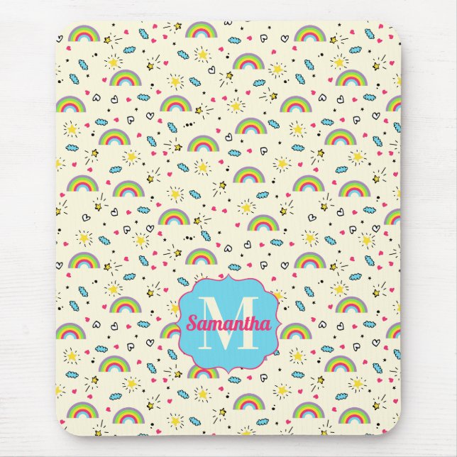 Mini Rainbow Toss on Yellow Retro Pattern Monogram Mouse Pad (Front)