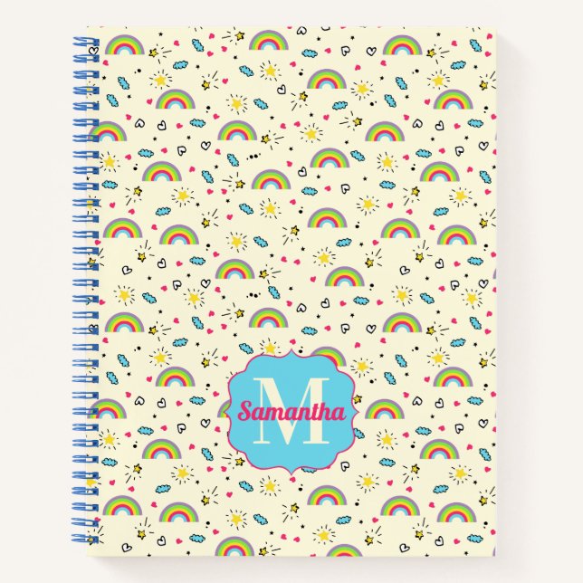 Mini Rainbow Toss on Yellow Retro Pattern Monogram Notebook (Front)
