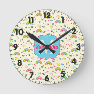 Mini Rainbow Toss on Yellow Retro Pattern Monogram Round Clock