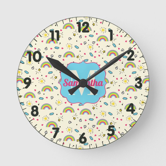 Mini Rainbow Toss on Yellow Retro Pattern Monogram Round Clock (Front)