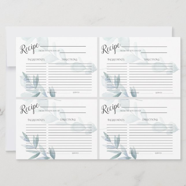 Mini RECIPE CARDS | Dusty Blue Watercolor Eucalypt (Front)