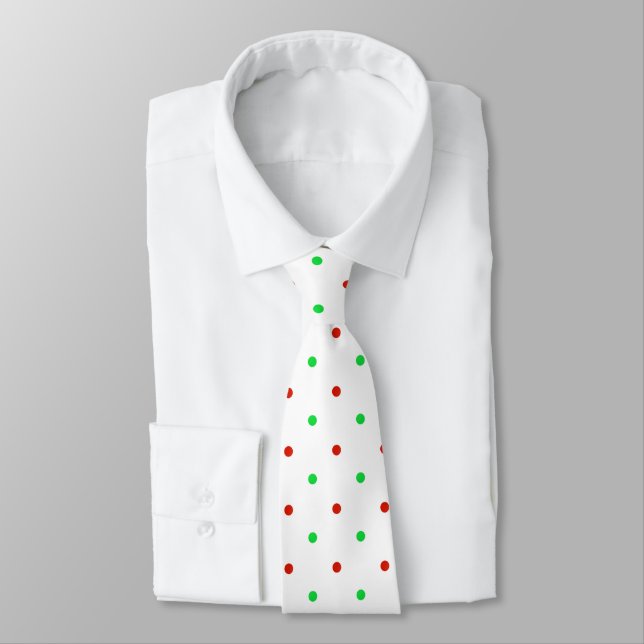 Mini Red and Green Watercolor Polka Dots Tie (Tied)