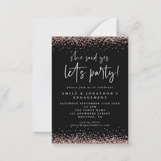 MINI Rose Gold Glitter Black Engagement invite (Front)