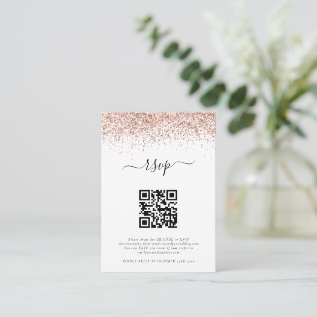 Mini Rose Gold Glitter QR Code Wedding RSVP Enclosure Card (Standing Front)