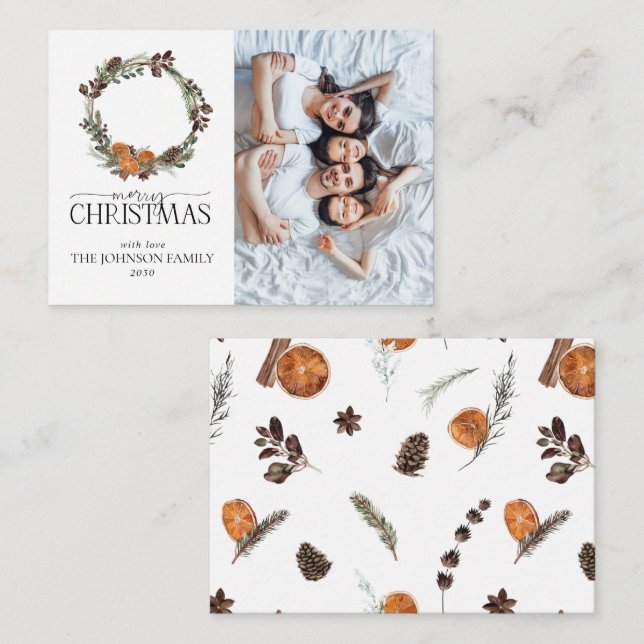 Mini Rustic Orange Wreath Photo Merry Christmas Card (Front/Back)