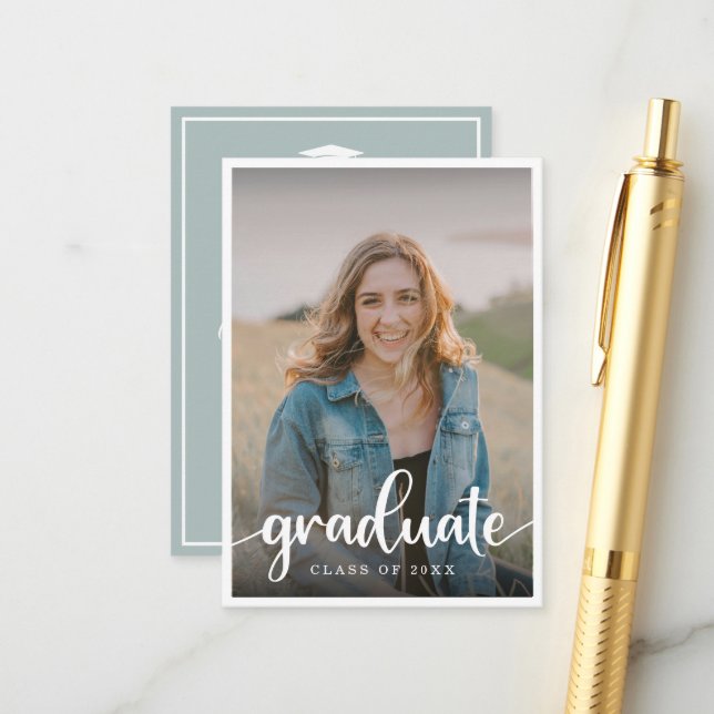 Mini Sage Green Photo Graduation Invitation (Front/Back In Situ)