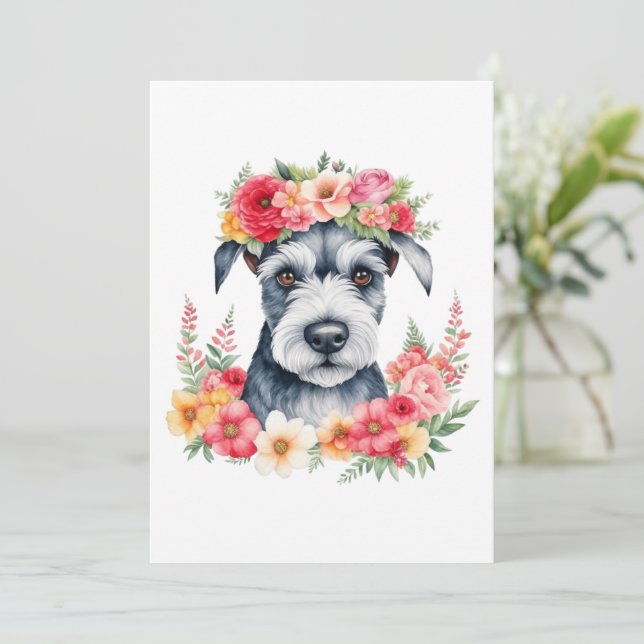 Mini Schnauzer Floral Christmas Card (Standing Front)