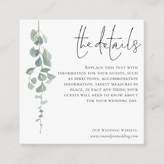 MINI Simple Eucalyptus Wedding Details Enclosure Card (Front)