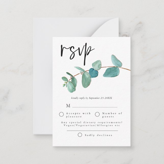 MINI SIZE | Blue Eucalyptus leaves Wedding RSVP Card (Front)