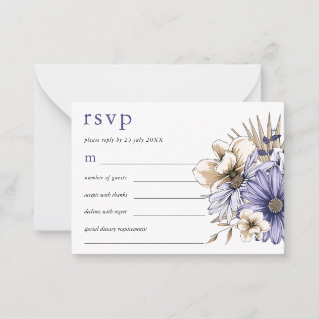 MINI SIZE Purple Cream Florals Wedding RSVP Card (Front)