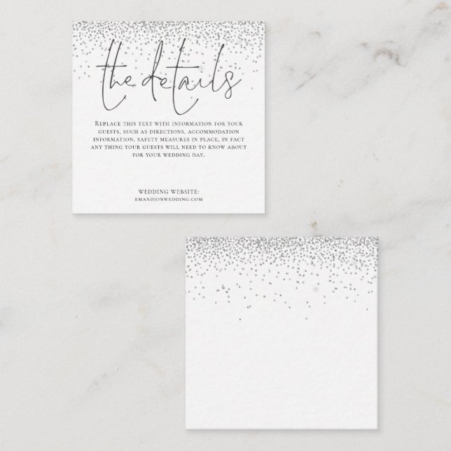 MINI SIZE Wedding Details Script Silver Glitter Enclosure Card (Front/Back)
