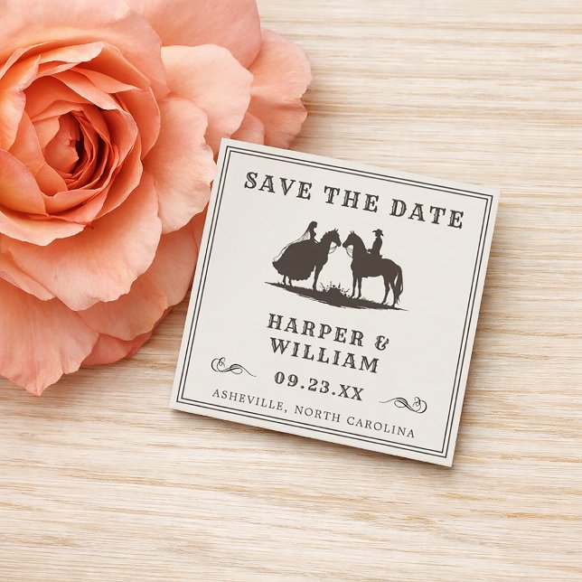 Mini Western wedding silhouette horseback Enclosure Card (Mini save the date cowboy wedding featuring silhouettes of a bride and groom on horseback.)
