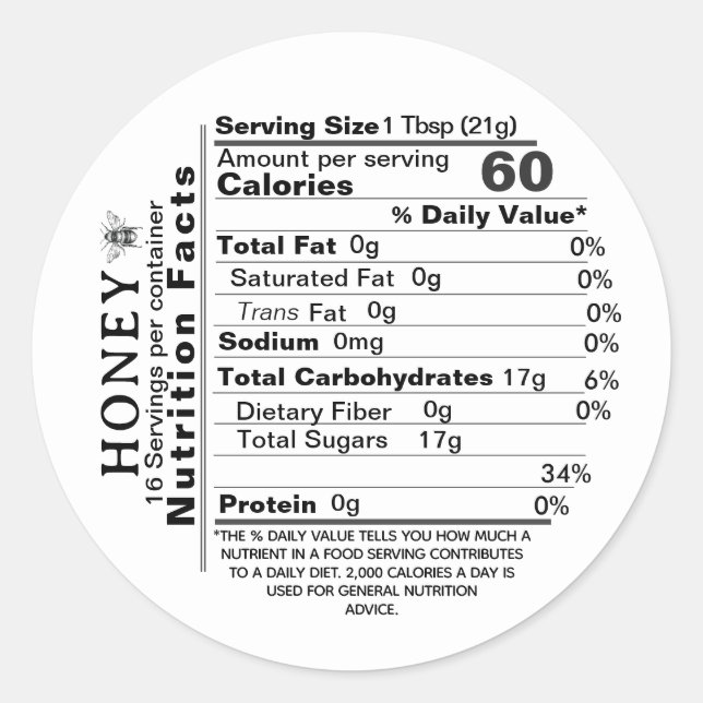 Mini White Nutrition Facts Vintage Bee Honey Label (Front)