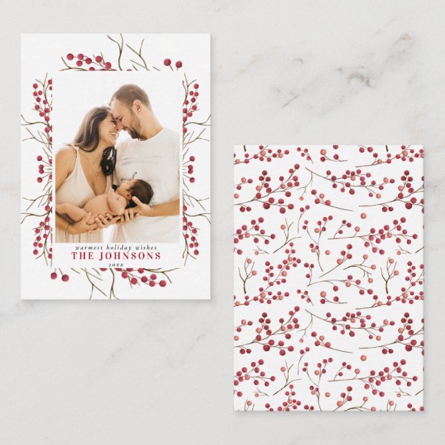 Mini Winter Red Berry Watercolor Christmas Photo Card (Front/Back)