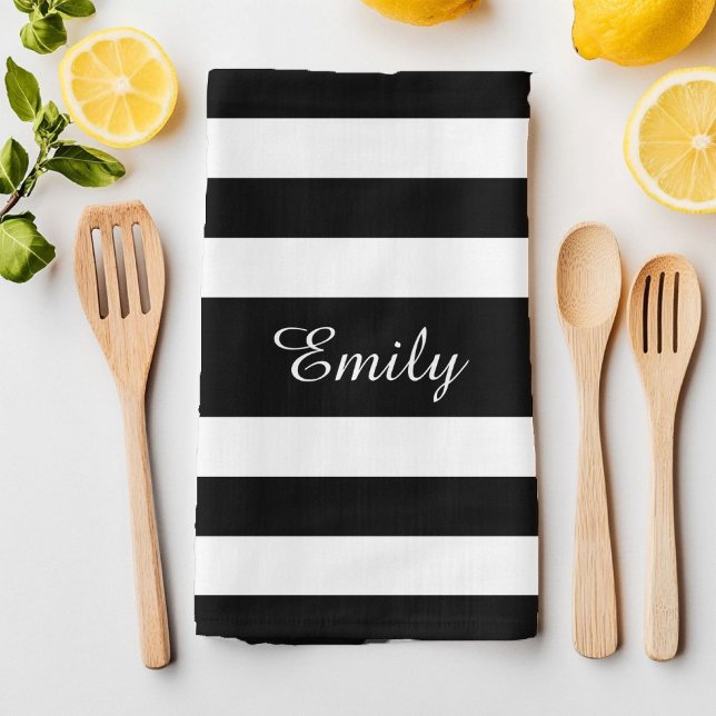 Minialist Black & White Stripes Pattern Name Print Tea Towel (Minialist Black & White Stripes Pattern Name Print Towel)