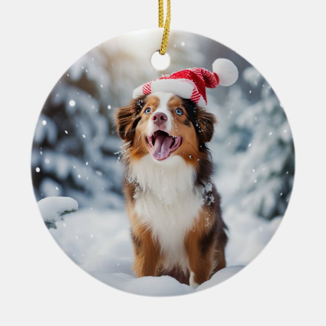 Miniature American Shepherd Dog Christmas Ceramic Tree Decoration (Front)
