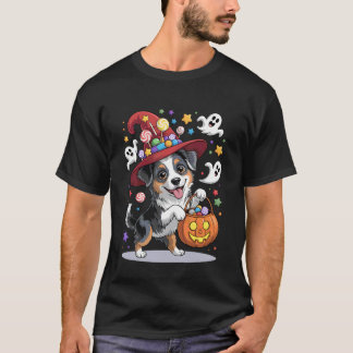 Miniature American Shepherd Dog Pumpkin Ghost Hall T-Shirt