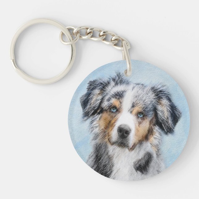 Miniature American Shepherd Painting - Dog Art Key Ring (Front)