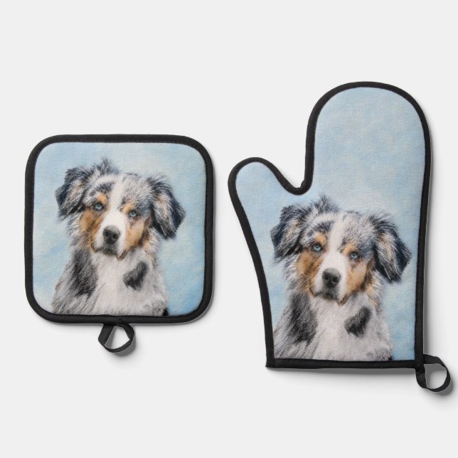 Miniature American Shepherd Painting MAS Dog Art Oven Mitt & Pot Holder Set (Front)
