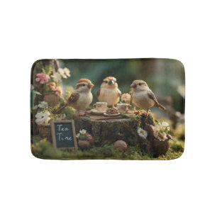 Miniature Bird Figurines Having a Forest Tea Party Bath Mat