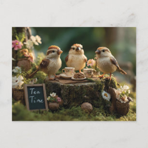Miniature Bird Figurines Having a Forest Tea Party Postcard