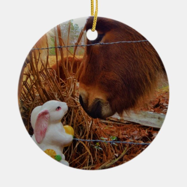 Miniature Brown horse & Easter Bunny Ceramic Tree Decoration (Front)