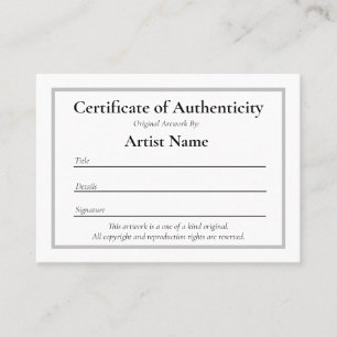 Miniature Certificate of Authenticity for Art