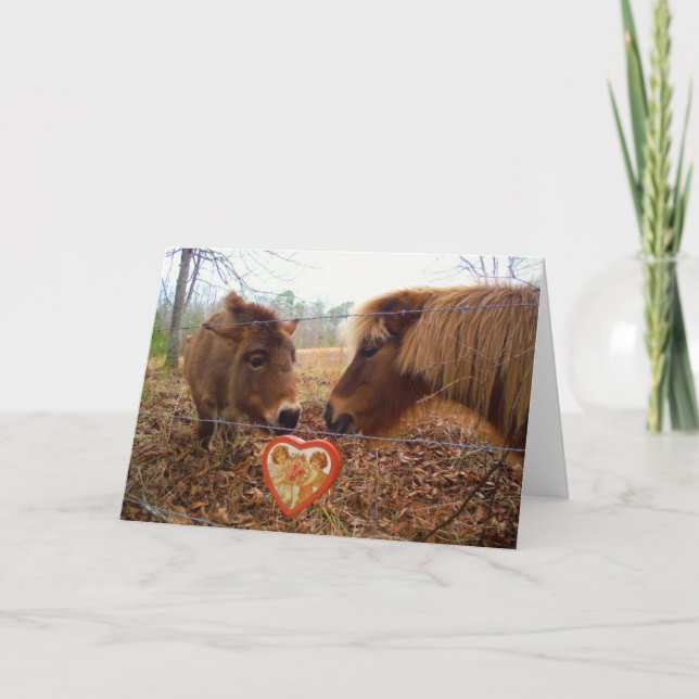Miniature Donkey & Horse Valentine Heart Holiday Card (Front)