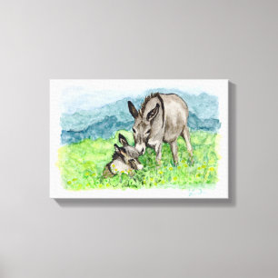 Miniature Donkey Mum and Baby Watercolor Art Canvas Print