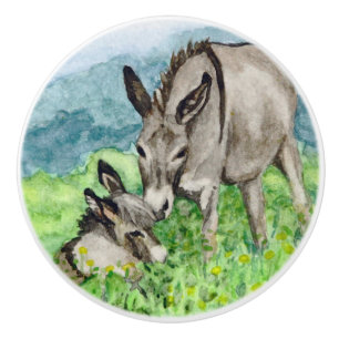 Miniature Donkey Mum and Baby Watercolor Art Ceramic Knob