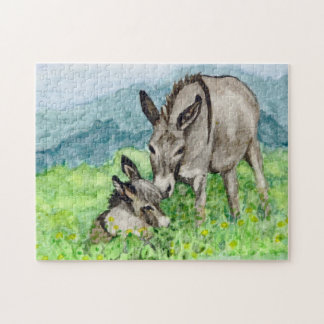 Miniature Donkey Mum and Baby Watercolor Art Jigsaw Puzzle