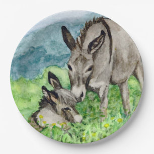 Miniature Donkey Mum and Baby Watercolor Art Paper Plate