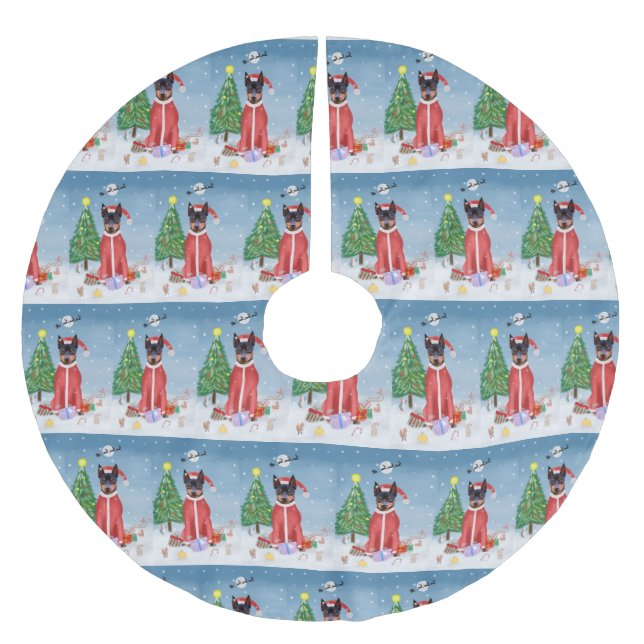 Miniature Pinsch Dog in Snow with Christmas Gifts  Brushed Polyester Tree Skirt (Front)