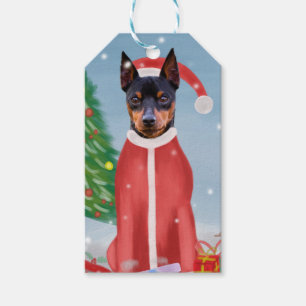Miniature Pinsch Dog in Snow with Christmas Gifts Gift Tags