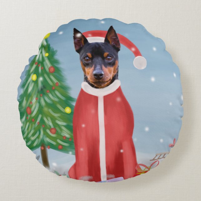 Miniature Pinsch Dog in Snow with Christmas Gifts  Round Cushion (Front)