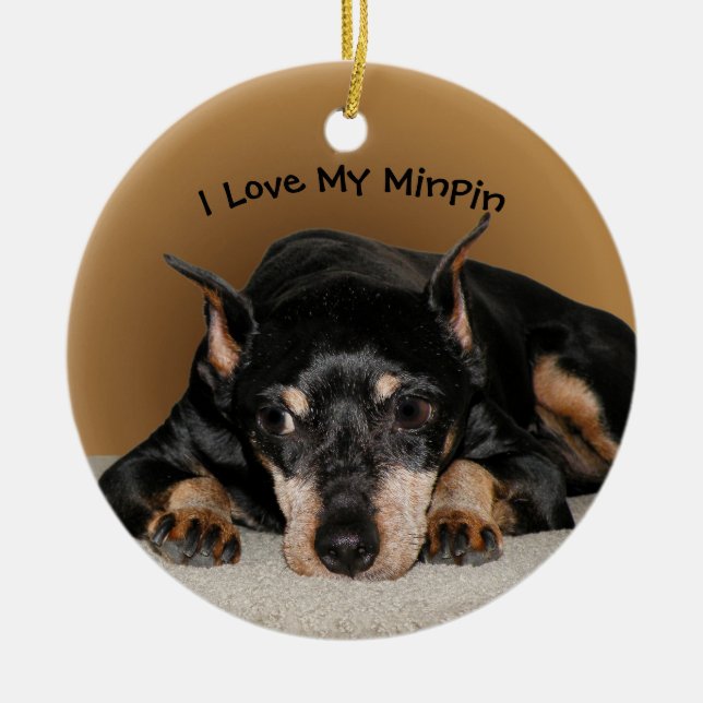 Miniature Pinscher aka Min Pin with Pet Name Ceramic Tree Decoration (Front)