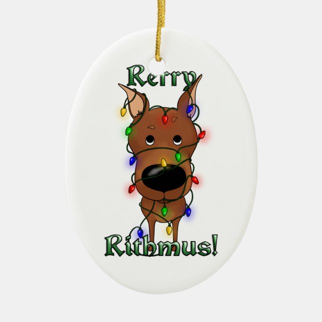Miniature Pinscher Christmas Lights Ceramic Tree Decoration (Front)