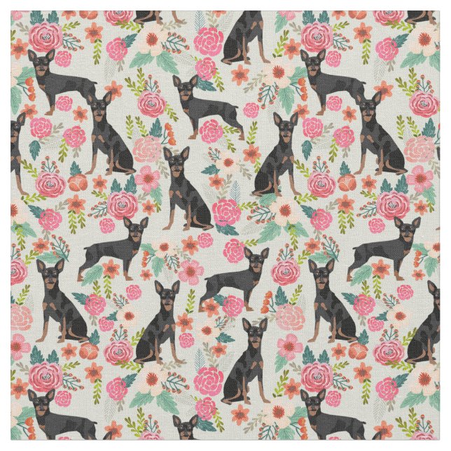 miniature pinscher dog vintage florals fabric (Close Up)
